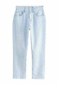 Lichtblauwe denim jeans met rechte pijpen, twee voorkeolden, een knoopsluiting en een lichte vervaging. Bevat een klassiek vijf-pocket ontwerp.