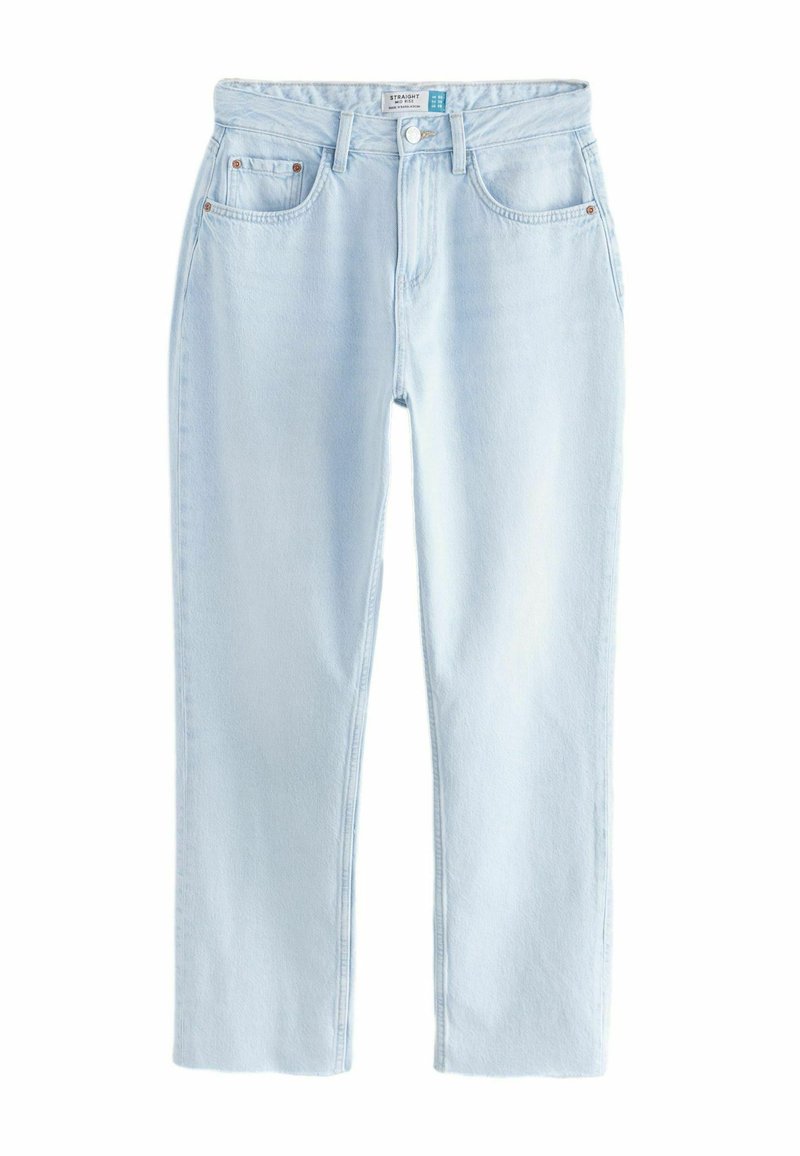 Lichtblauwe denim jeans met rechte pijpen, twee voorkeolden, een knoopsluiting en een lichte vervaging. Bevat een klassiek vijf-pocket ontwerp.