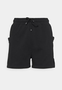 Svart avslappnade shorts med elastisk midja, justerbar dragsko och sidfickor, visade mot en enfärgad vit bakgrund.