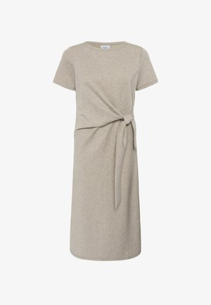 Hellgraues, kurzärmliges Kleid aus weichem Stoff. Verfügt über ein geknotetes Detail an der Taille und eine gerade Silhouette. Mittellanges Design.