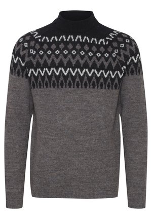 Gray pullover sweater with a black turtleneck. Features a patterned yoke in black, white, and gray geometric motifs. Soft knit texture.