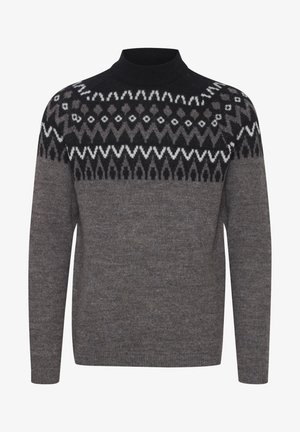 Gray pullover sweater with a black turtleneck. Features a patterned yoke in black, white, and gray geometric motifs. Soft knit texture.