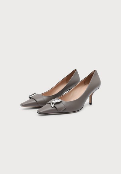 Paire d'escarpins en cuir gris à bout pointu avec un petit détail de boucle argentée sur chaque chaussure, sur un fond clair uni.