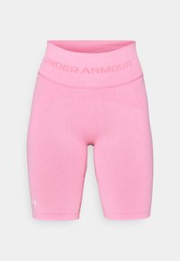 Roza Under Armour atletske šortse s visokim strukom, izrađene od rastezljivog materijala, s rebrastom teksturom i detaljem logotipa na traci.