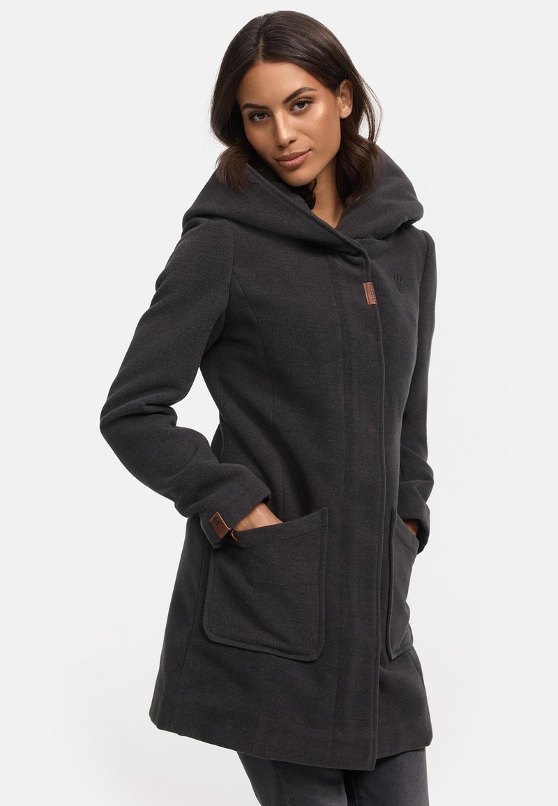 Dark gray coat with a large hood, features patch pockets, and button accents. Made of soft fabric with a smooth texture.