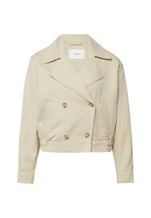 Giacca beige corta doppiopetto con ampi revers, chiusura con bottoni, tasche laterali e orlo elasticizzato.