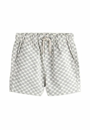 Hellgraue Shorts mit kariertem Muster, elastischem Bund, Kordelzugverschluss und Seitentaschen; hergestellt aus einem weichen, atmungsaktiven Stoff.