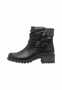Black ankle boot made of synthetic leather, featuring a textured gray cuff, a side zipper, and a strap with a silver buckle. Chunky heel.
