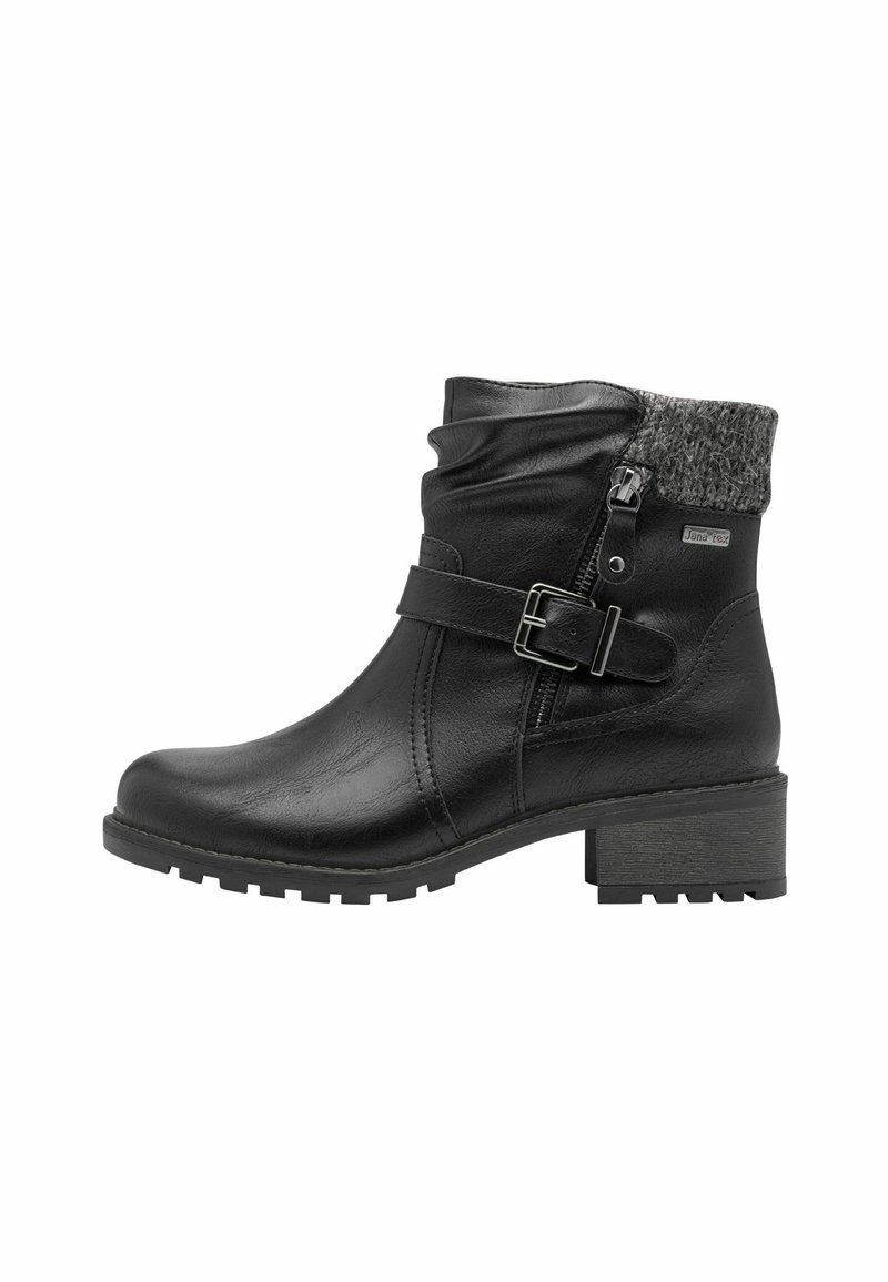 Black ankle boot made of synthetic leather, featuring a textured gray cuff, a side zipper, and a strap with a silver buckle. Chunky heel.