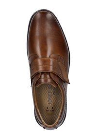 Brown leather shoe with a smooth finish, featuring a velcro strap and round toe. Insole labeled "Extra Wide" with a textured interior.
