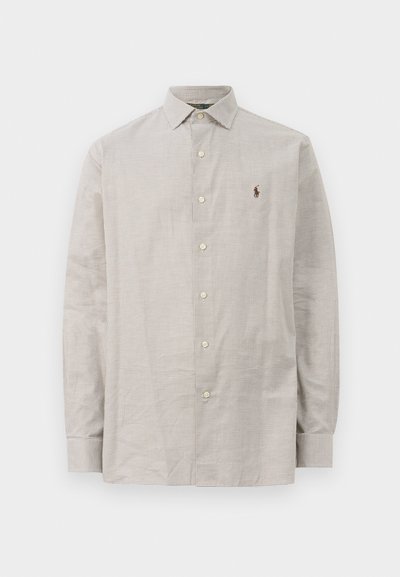 Gai pelēks krekls ar pogām, izgatavots no kokvilnas, ar rūtainu rakstu, ar apkakli, garām piedurknēm un mazu izšūtu logo uz krūtīm.