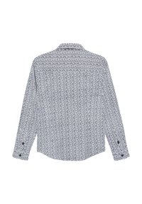 Langsleeve shirt in het wit met een donkerblauw gestippeld patroon, voorzien van een puntige kraag en knoopmanchetten, van gladde stof en recht gesneden.