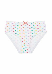 Mutande di cotone bianche con una stampa a cuore colorata. Presentano un piccolo fiocchetto rosa in vita e una rifinitura in pizzo lungo i bordi.