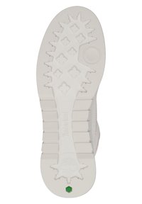 Vit gummisula på sko med framträdande greppklackar, med ett centralt cirkulärt hål och en grön accent. Timberland-logotyp präglad.