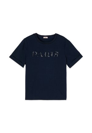 Tricou bleumarin cu mâneci scurte și mansete pliate, cu cuvântul "PARIS" scris cu mici ținte metalice pe piept.