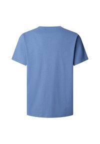 T-shirt à manches courtes uni bleu clair, affiché de dos avec un col rond sur un fond blanc.