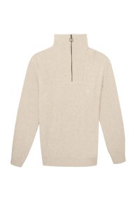 Pull en tricot côtelé beige avec un col montant et une fermeture éclair mi-hauteur. Le design présente des manches longues et une coupe décontractée, offrant un confort texturé.