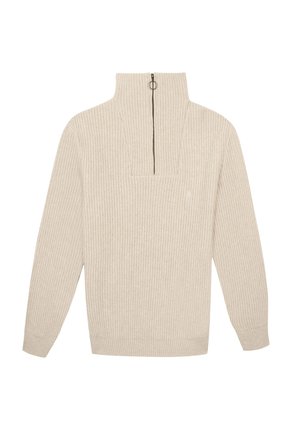 Beige geribbelde gebreide trui met een hoge kraag en een halve rits. Het ontwerp heeft lange mouwen en een ontspannen pasvorm, die comfort met textuur biedt.