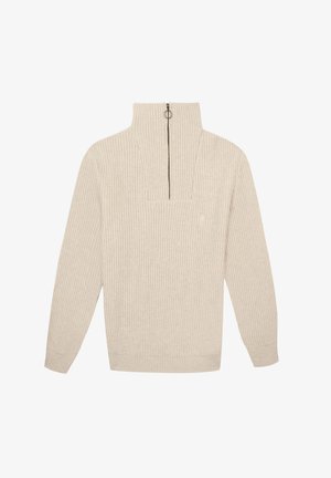 Beige geribbelde gebreide trui met een hoge kraag en een halve rits. Het ontwerp heeft lange mouwen en een ontspannen pasvorm, die comfort met textuur biedt.