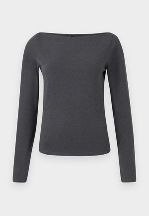 Dolgimi rokavi, off-the-shoulder zgornji del v temno sivi barvi. Narejen iz gladkega, raztegljivega materiala z minimalnimi šivi in prilegajočim krojem.