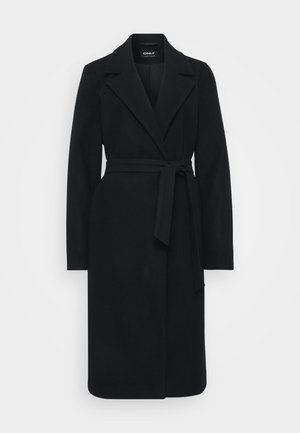 Manteau en laine noire avec des manches longues, un col cranté et une taille ceinturée. Texture lisse avec une silhouette en A et un design à ouvert.