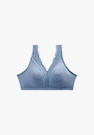 Šviesiai mėlynas liemenėlė su gilia V formos iškirpte ir nėrinių akcentais prie iškirptės, lygios medžiagos kūnas ir plačios petnešėlės palaikymui.