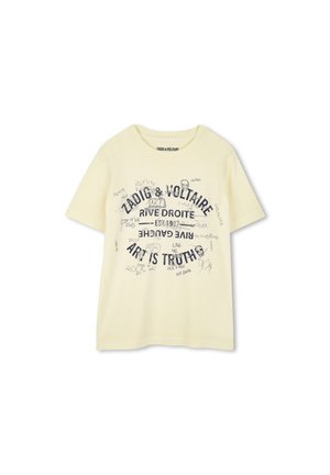 T-shirt en coton jaune clair avec col rond, manches courtes et impression graphique bleu marine comprenant du texte et des croquis artistiques.