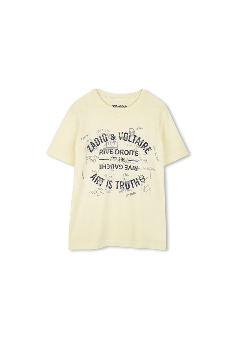 Lichtgele katoenen T-shirt met ronde hals, korte mouwen en een marineblauw grafisch ontwerp met tekst en artistieke schetsen.
