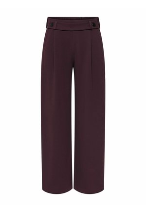 Pantalon à jambes larges et taille haute en prune foncé avec pattes de ceinture boutonnées, plis devant et ourlet droit.