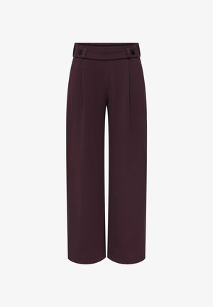 Pantalon à jambes larges et taille haute en prune foncé avec pattes de ceinture boutonnées, plis devant et ourlet droit.