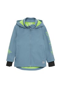 Helles blaues Jacket mit Kapuze, schwarzen Bündchen und grüner Innenverkleidung. Verfügt über seitliche Taschen und grafischen Text in neongelb am Arm.