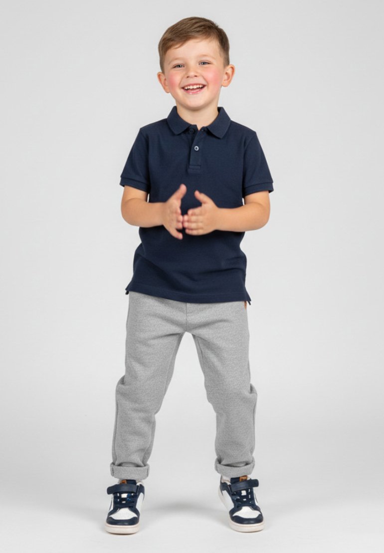 Granatowa koszulka polo, szare spodnie dresowe i granatowe trampki z białymi akcentami. Dziecko stoi z rękami złożonymi razem na neutralnym tle.