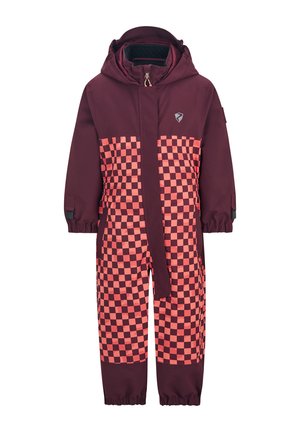 Salopette invernale borgogna con un motivo a scacchi rosso sul petto. Include un cappuccio, una chiusura a zip e polsini elasticizzati.