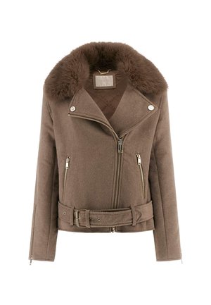 Brązowa kurtka motocyklowa z mieszanki wełny z kołnierzem z sztucznego futra, ukośnym zapięciem na zamek i bocznymi kieszeniami na zamek. Posiada paski w talii i srebrne detale.