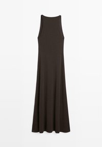 Ärmelloses dunkelbraunes Maxikleid mit tailliertem Oberteil und ausgestelltem Rock, auf weißem Hintergrund dargestellt.