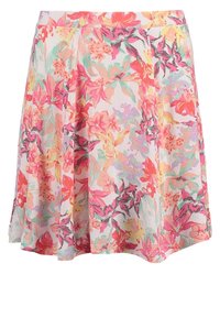 Falda floral con un diseño acampanado, hecha de una tela ligera en rosa pastel con vibrantes patrones florales multicolores y una cinturilla.