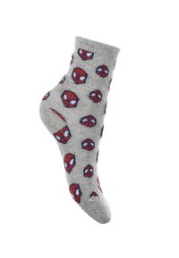 Graue Socken mit einer weichen Textur, die ein sich wiederholendes Muster von roten und blauen Superheldenmasken aufweisen. Knöchelhöhe.