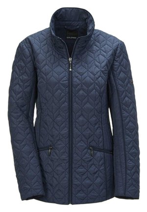 Marineblauer gesteppter Mantel mit hohem Kragen, frontalem Reißverschluss und zwei seitlichen Taschen. Hat ein Diamantenmuster und eine glatte Textur.