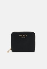 Black textured wallet with gold hardware and branding, zip closure, square shape, designed for compact storage of cards and cash.