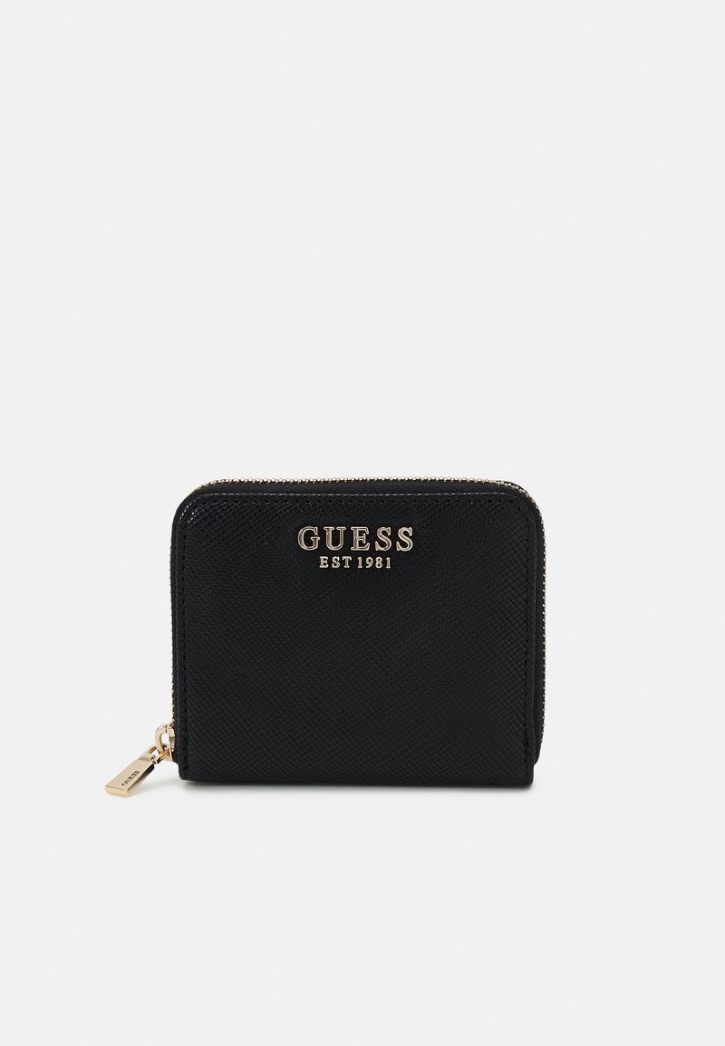 Black textured wallet with gold hardware and branding, zip closure, square shape, designed for compact storage of cards and cash.