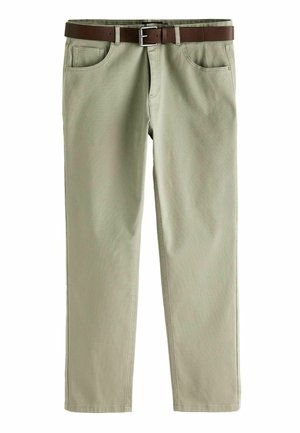 Pantaloni verde chiaro con design a gamba dritta e cintura marrone. Presentano quattro tasche e una texture di cotone liscia. Cuciture pulite.