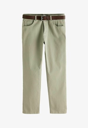 Pantalon vert clair avec un design à jambe droite et une ceinture marron. Comprend quatre poches et une texture en coton lisse. Coutures soignées.