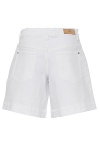 Pantaloni corti bianchi in cotone con vita alta, tasche posteriori e una patch in pelle con il logo. Presentano una vestibilità dritta e un orlo arrotolato.