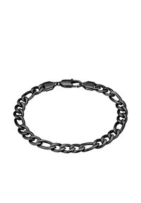 Bracciale in metallo nero con anelli intrecciati, dotato di una chiusura sicura e finitura liscia. Design semplice senza ulteriori decorazioni.