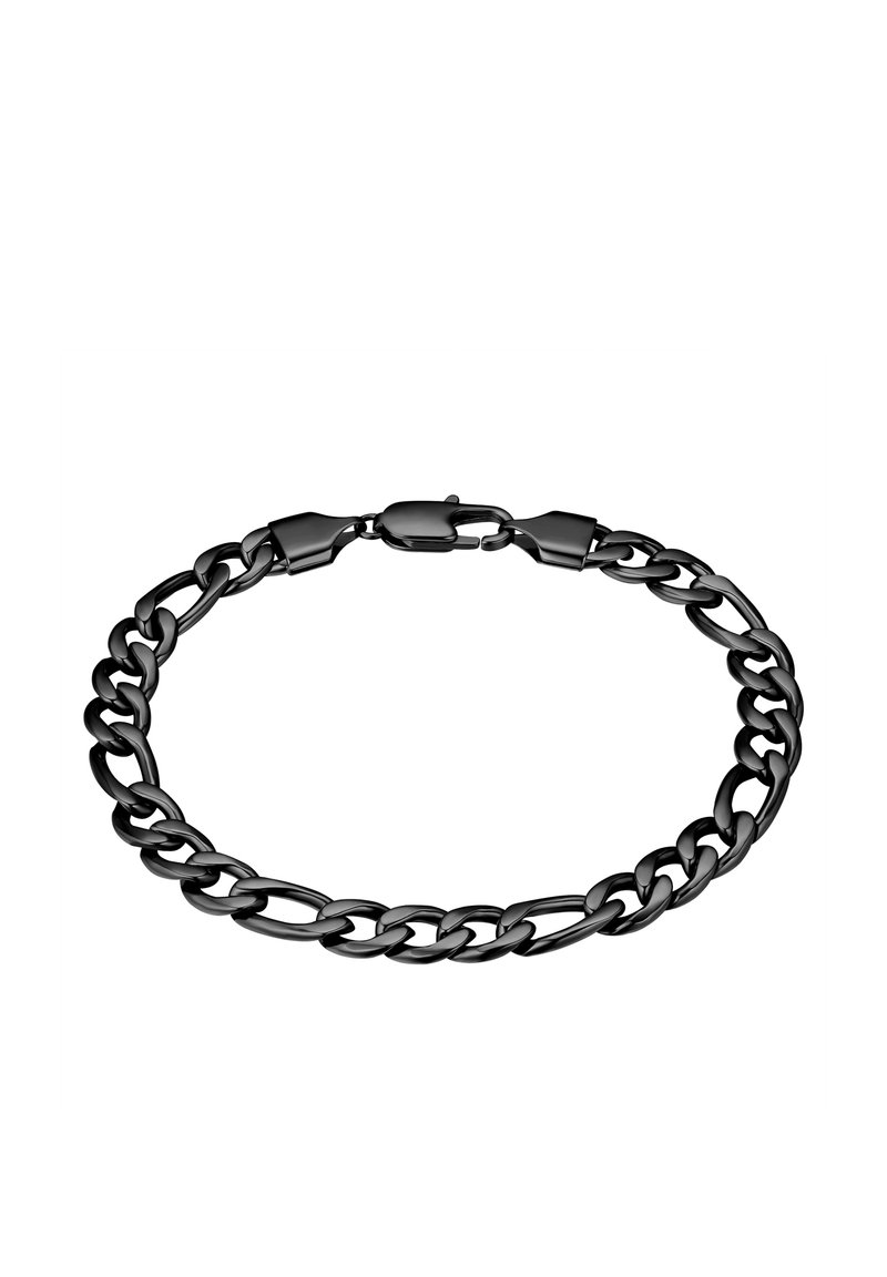 Bracciale in metallo nero con anelli intrecciati, dotato di una chiusura sicura e finitura liscia. Design semplice senza ulteriori decorazioni.