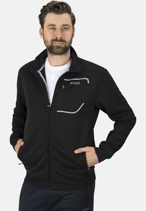Black zip-up jacket made of soft material with a high collar, light gray accents, and a zippered chest pocket. Two side pockets.