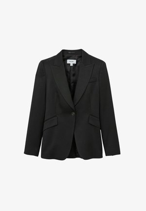 Czarna marynarka o satynowym wykończeniu, z klapami typu notch, z jedynym zapięciem na guzik, dwiema przednimi kieszeniami oraz eleganckim, dopasowanym krojem. Brak widocznych wzorów.