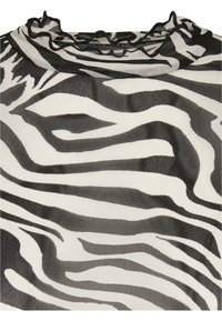 Zwarte en witte sheer top met een gerimpelde halslijn, voorzien van een zebra-streep patroon en een lichte, gestructureerde stof.