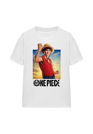 White T-shirt featuring a smiling young man in a straw hat and red vest raising a fist, with "ONE PIECE" text and logo below.