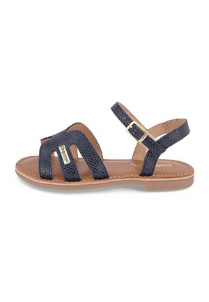 Navy blue sandals with a textured finish, featuring three front straps, an ankle strap with a gold buckle, and a lightweight brown sole.